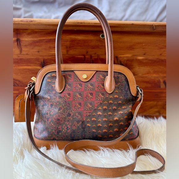 Escada Handbags - Vintage Escada Handbag Paisley Leather Canvas Purse Brown Red Green Patina